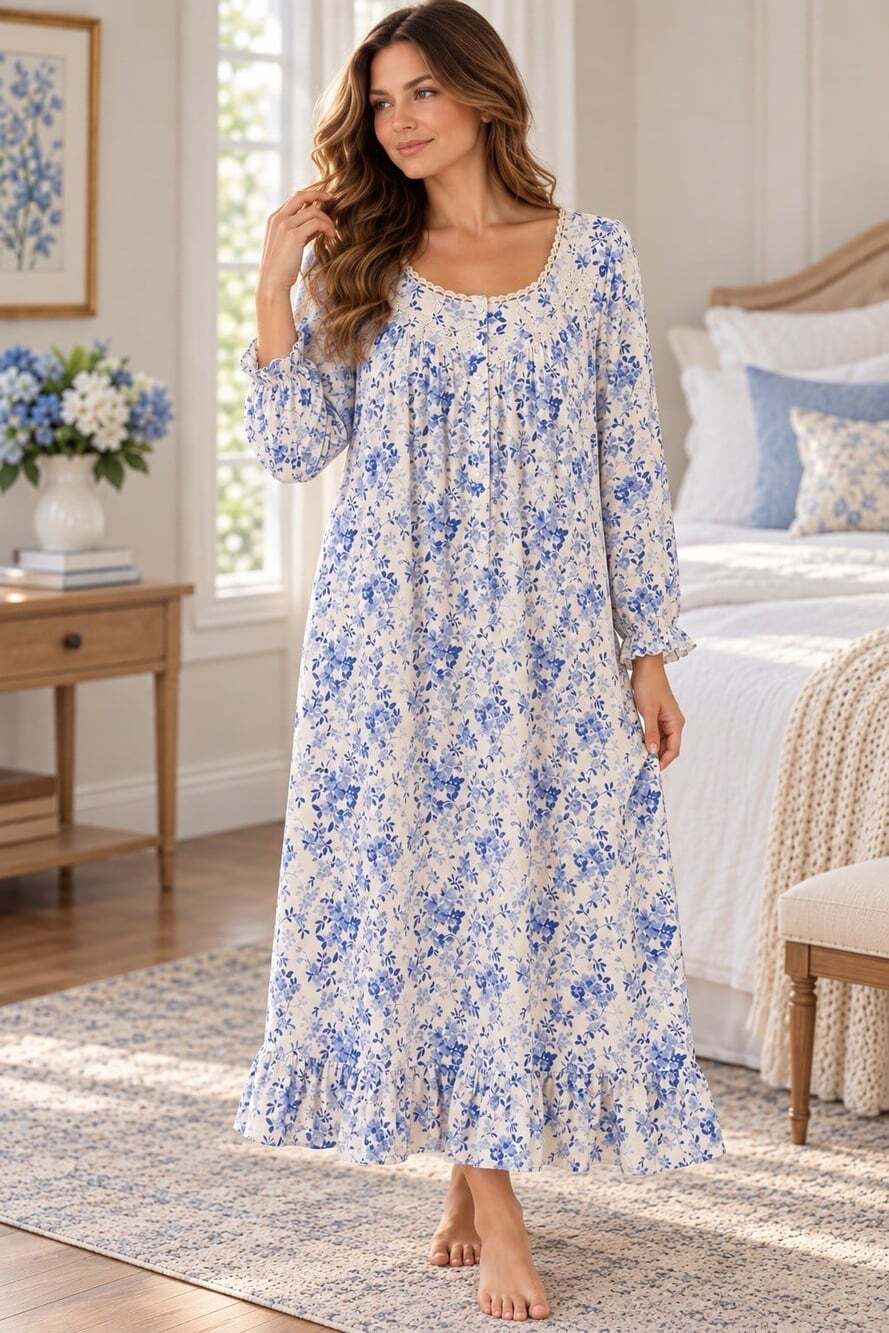 Eileen West Blue White Nightgown Women S Long Sleeve Cottagecore Country English